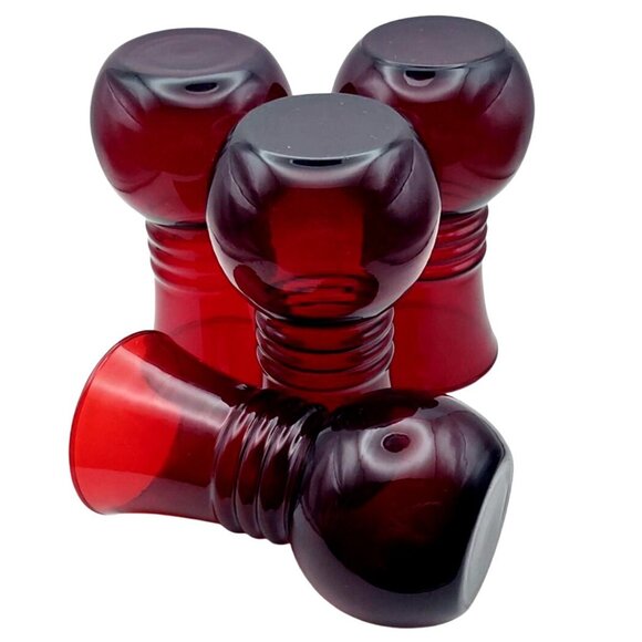 Vintage Anchor Hocking Royal Ruby Red Glass Ribbed Ball Vases Set Of 4 MCM - Picture 5 of 6